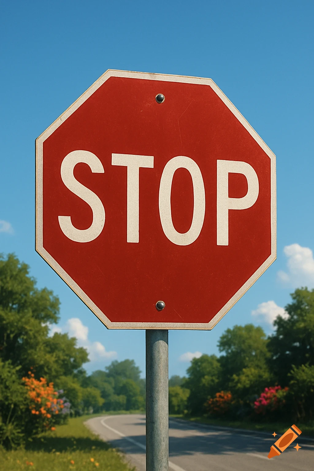 A red stop sign with white 'STOP' text stands on a pole next to a winding road, surrounded by green trees under a blue sky.