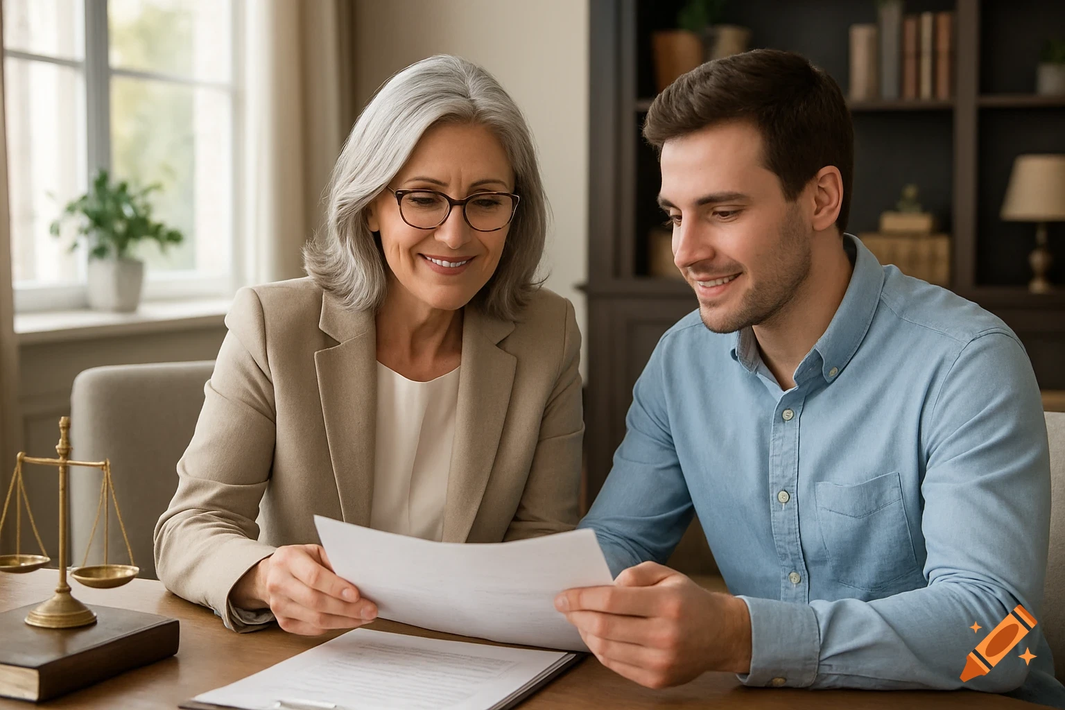 A professional middle-aged woman and a young man review documents together at a desk in a calm office setting.