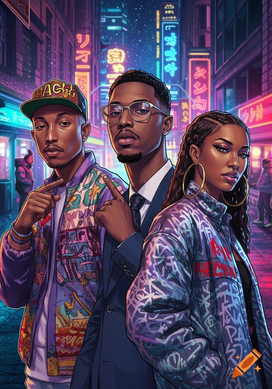 Three people, two men and one woman, in a vibrant, neon-lit city street at night, in a stylized illustration.