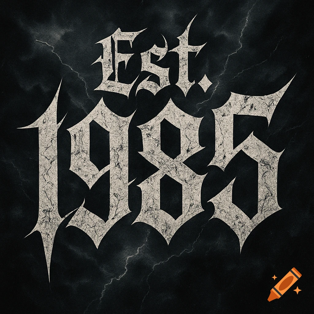 White, cracked, gothic-style text reads "Est. 1985" on a dark, stormy background with faint lightning bolts.