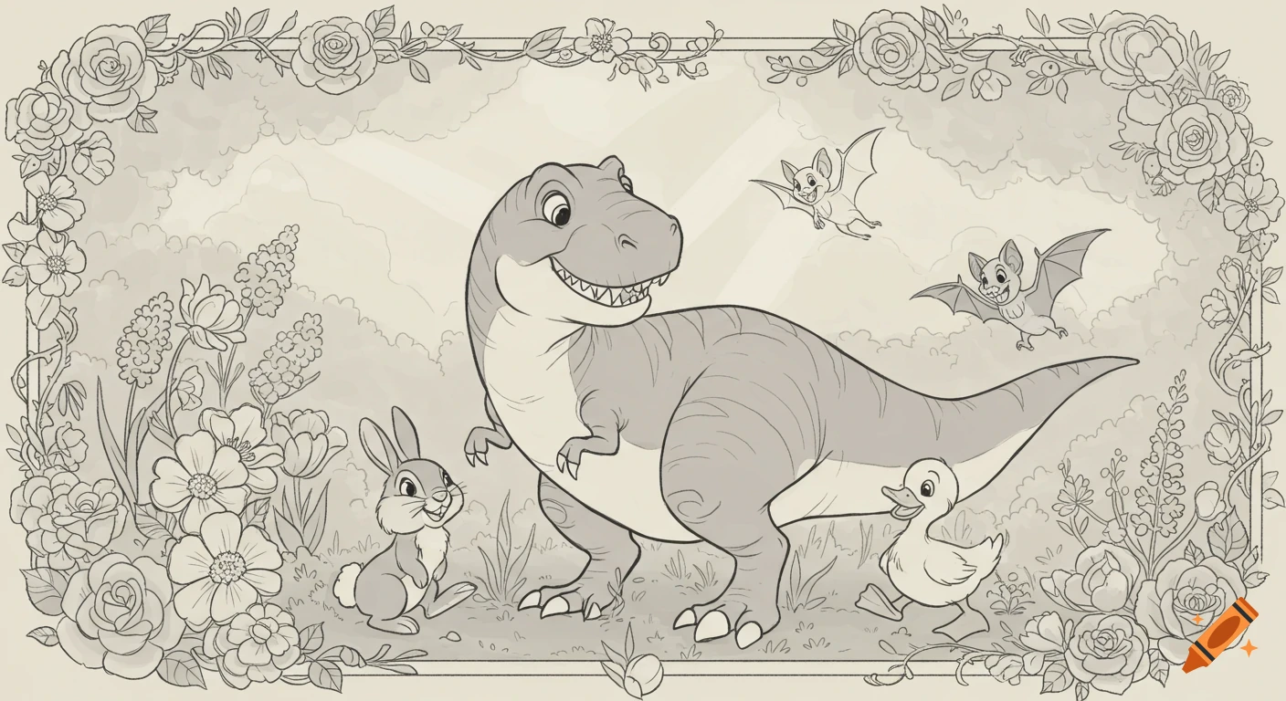 A black-and-white Disney-style illustration of a T-Rex, bunny, duckling, and two bats in a whimsical garden with a floral border.