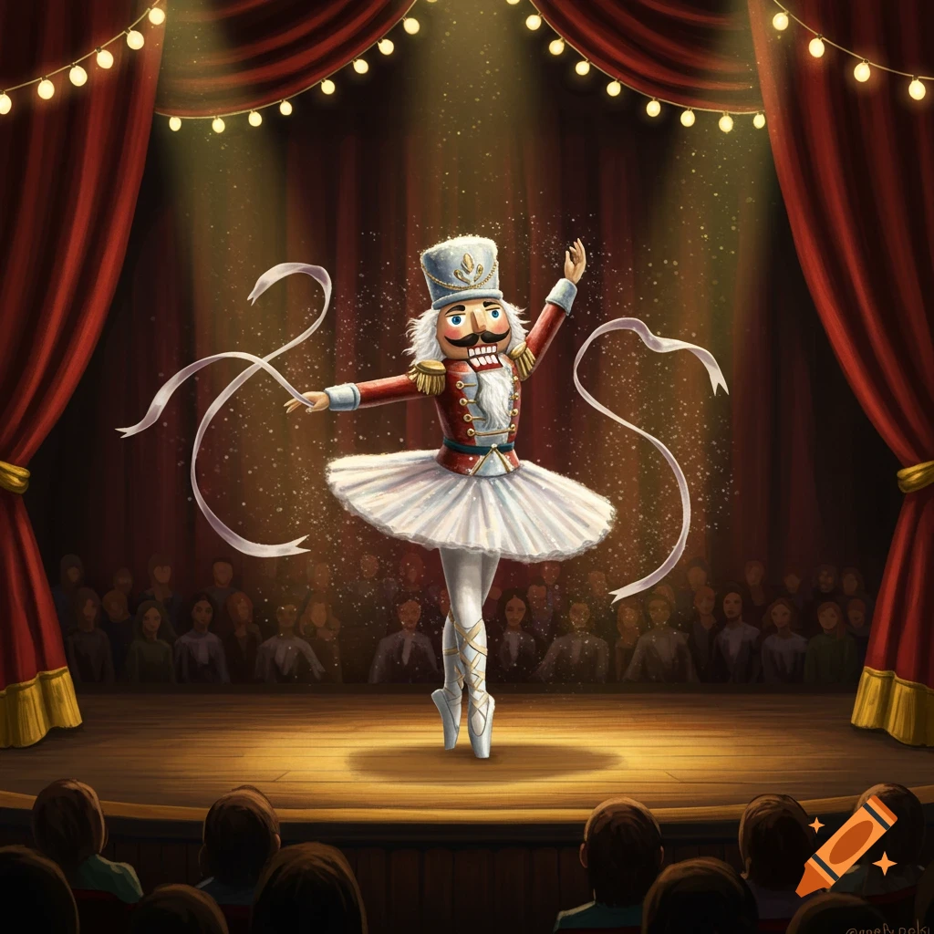 A whimsical illustration of a Nutcracker soldier dressed as a ballerina on a spotlighted stage, performing for an audience.