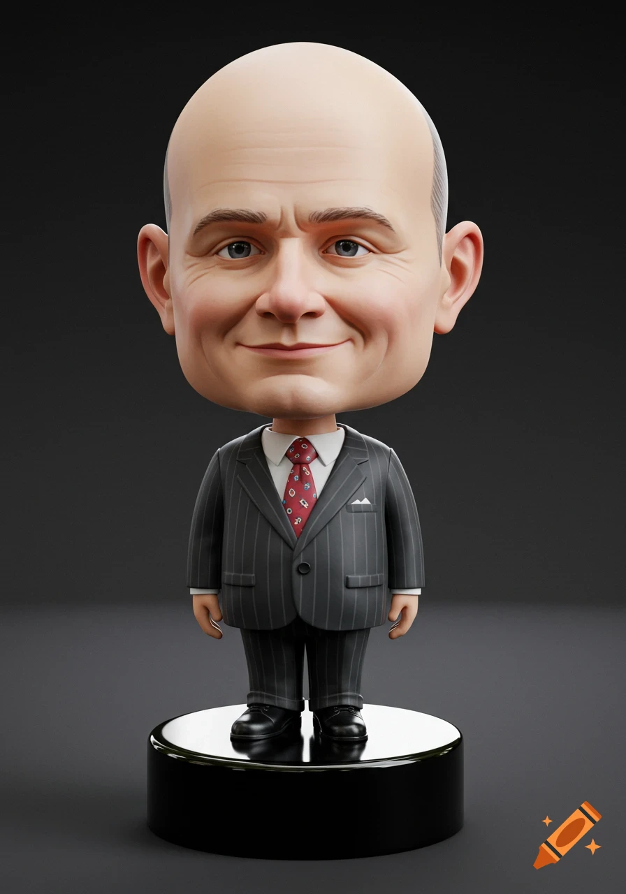 A 3D render of a smiling bald white man bobblehead in a pinstriped suit and red tie, standing on a black base.