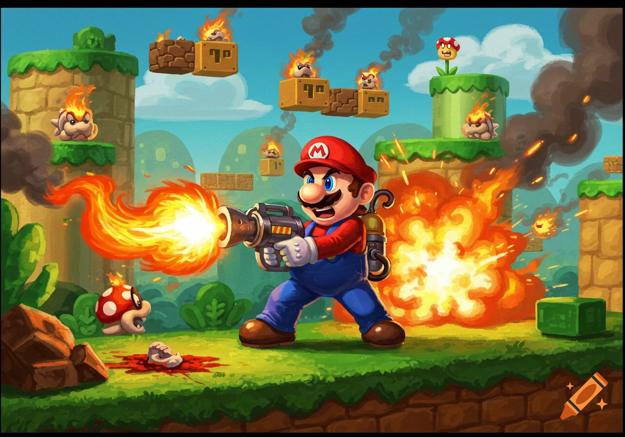 Mario wields a flamethrower in a vibrant, stylized Super Mario Bros. level, attacking fiery enemies amidst explosions, smoke, and burning blocks. Blood and a skull are on the ground.