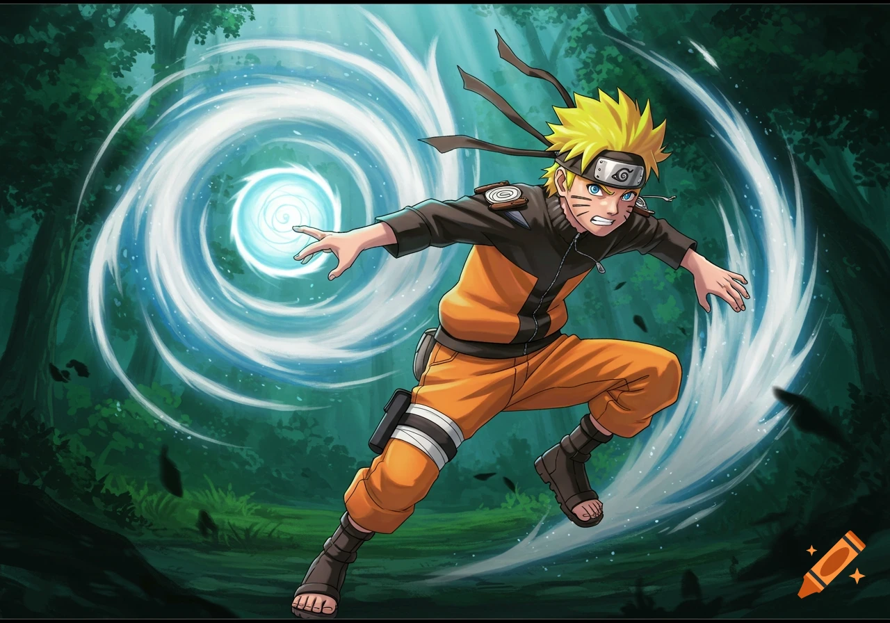 Naruto Uzumaki in an anime style, preparing a glowing blue Rasengan energy ball in a forest.