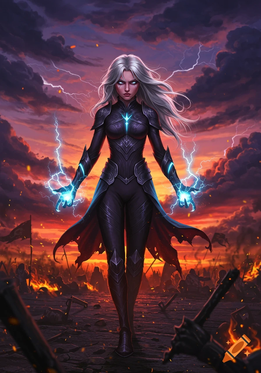 A powerful female warrior with white hair and glowing eyes stands on a fiery battlefield, summoning lightning.