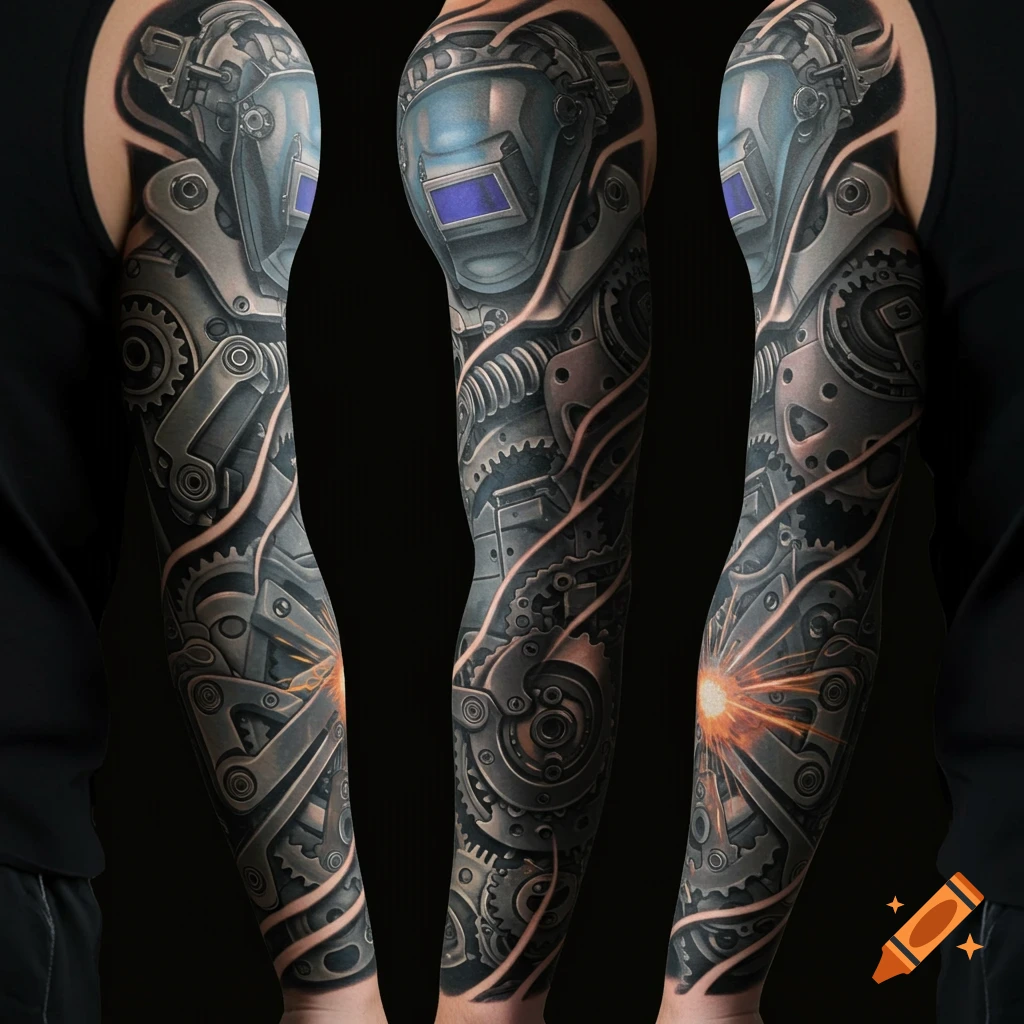 Photorealistic arm sleeve tattoo depicting intricate mechanical components, gears, a welding mask, and bright welding sparks.