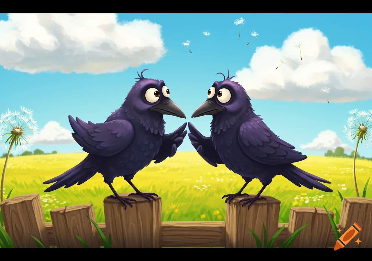 Two cartoon crows with large eyes face each other on a wooden fence in a sunny yellow field under a blue sky.
