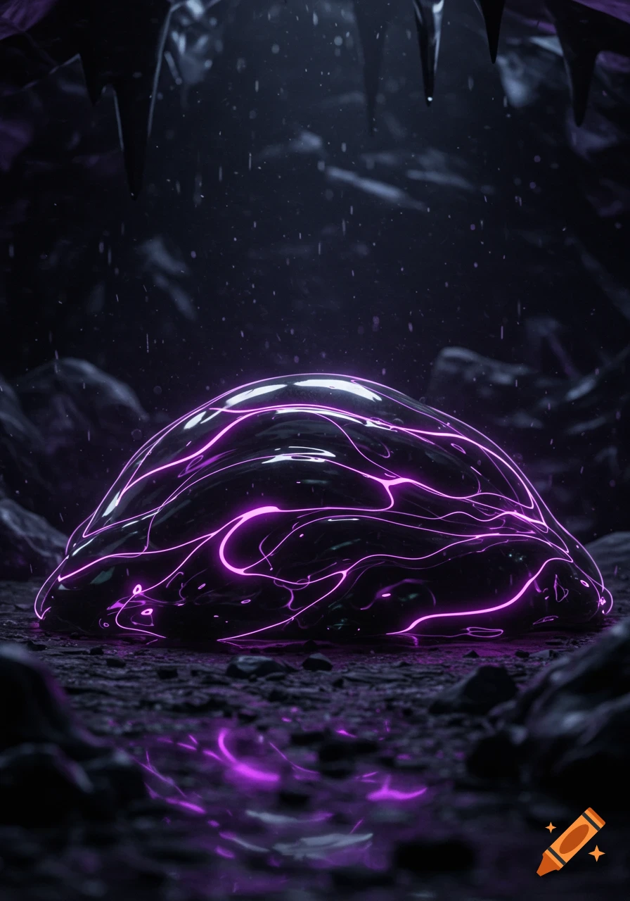 A dark, translucent, glowing black slime mass with pulsing purple veins on a rocky cave floor.