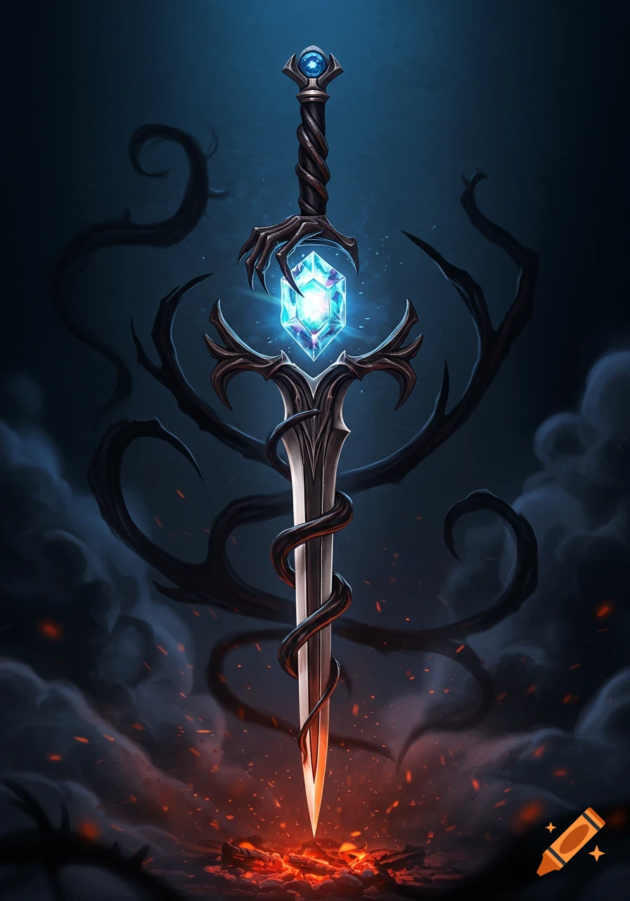 A dark fantasy sword with a glowing blue crystal, wrapped in tendrils, piercing glowing embers and smoke.