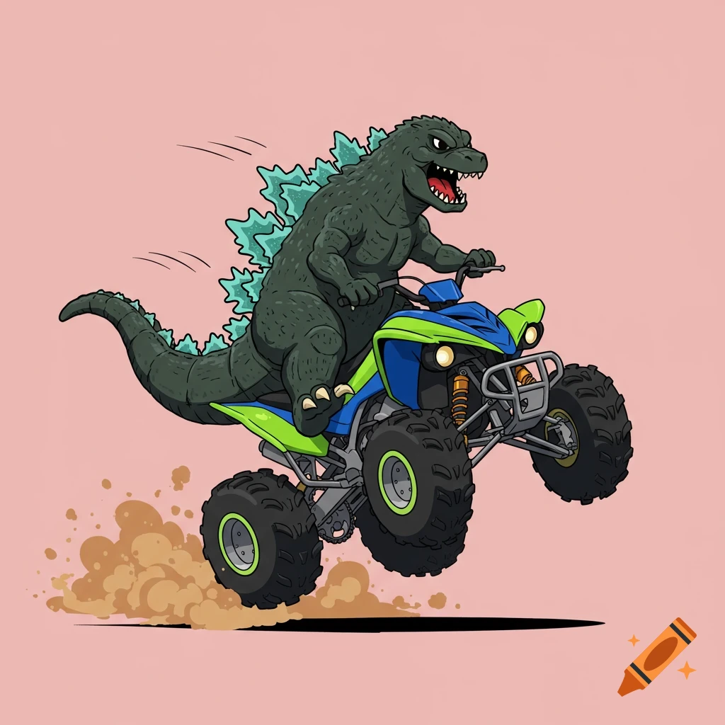 A cartoon Godzilla rides a blue and green quad bike, jumping over dirt on a pink background.