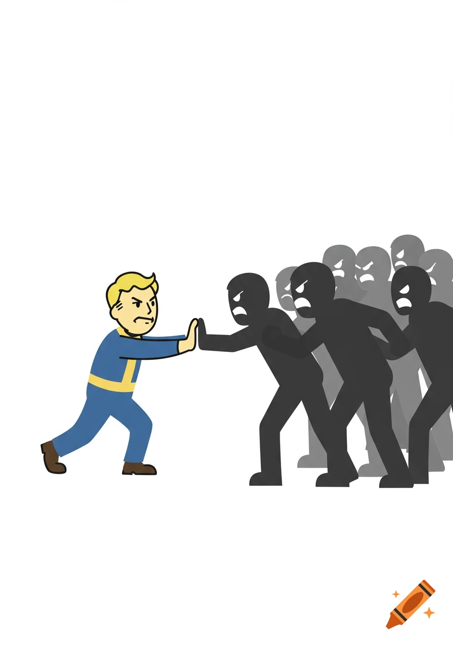 A cartoon Vault Boy in blue and yellow uniform pushes back against a grayscale angry mob.
