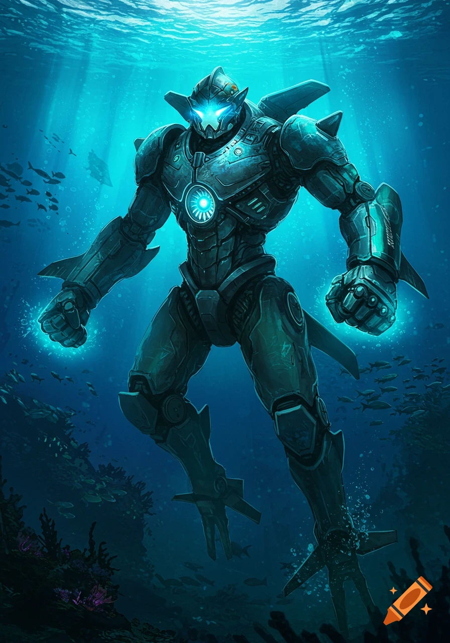 A powerful, detailed deep-sea mecha glows with blue energy underwater, surrounded by fish and coral with light rays from above.