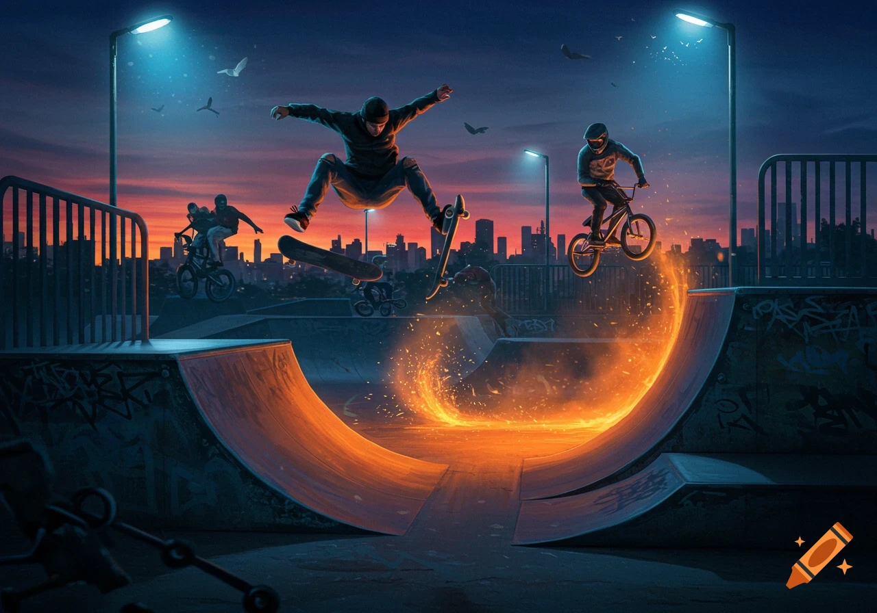 A skateboarder and BMX rider jump in a vibrant skatepark at sunset, with fiery effects around the ramp and a city skyline.