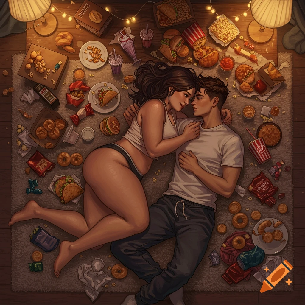 An overhead illustration of a diverse couple cuddling on a rug, surrounded by scattered junk food and warm fairy lights.