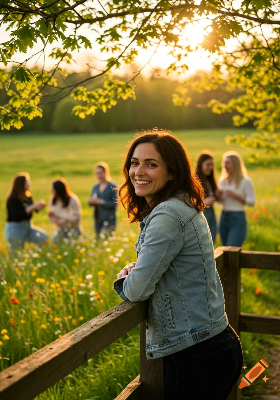 A smiling woman in a denim jacket leans on a wooden fence at sunset, with friends in a wildflower field behind her.