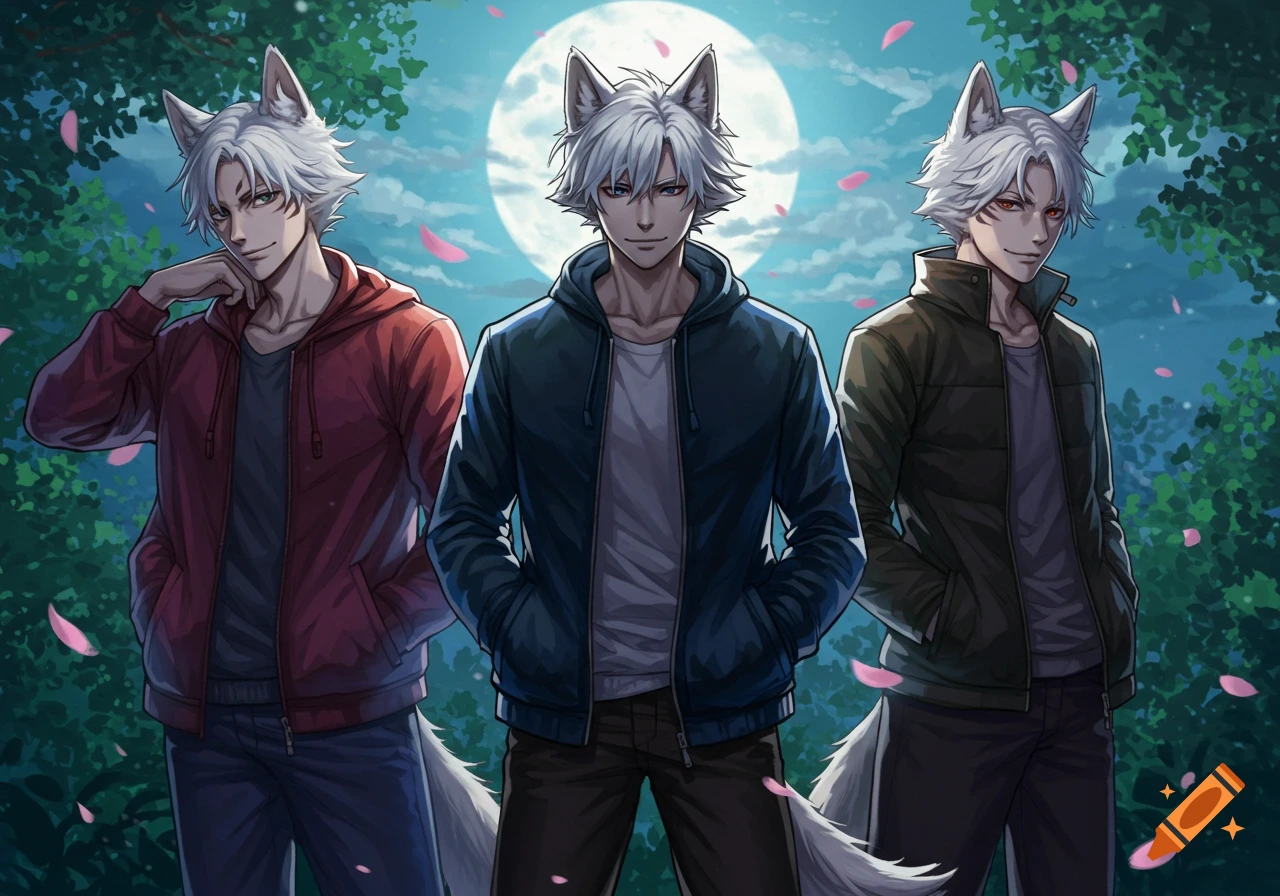 Three anime-style half-wolf men with white hair and tails stand under a full moon with pink petals falling.