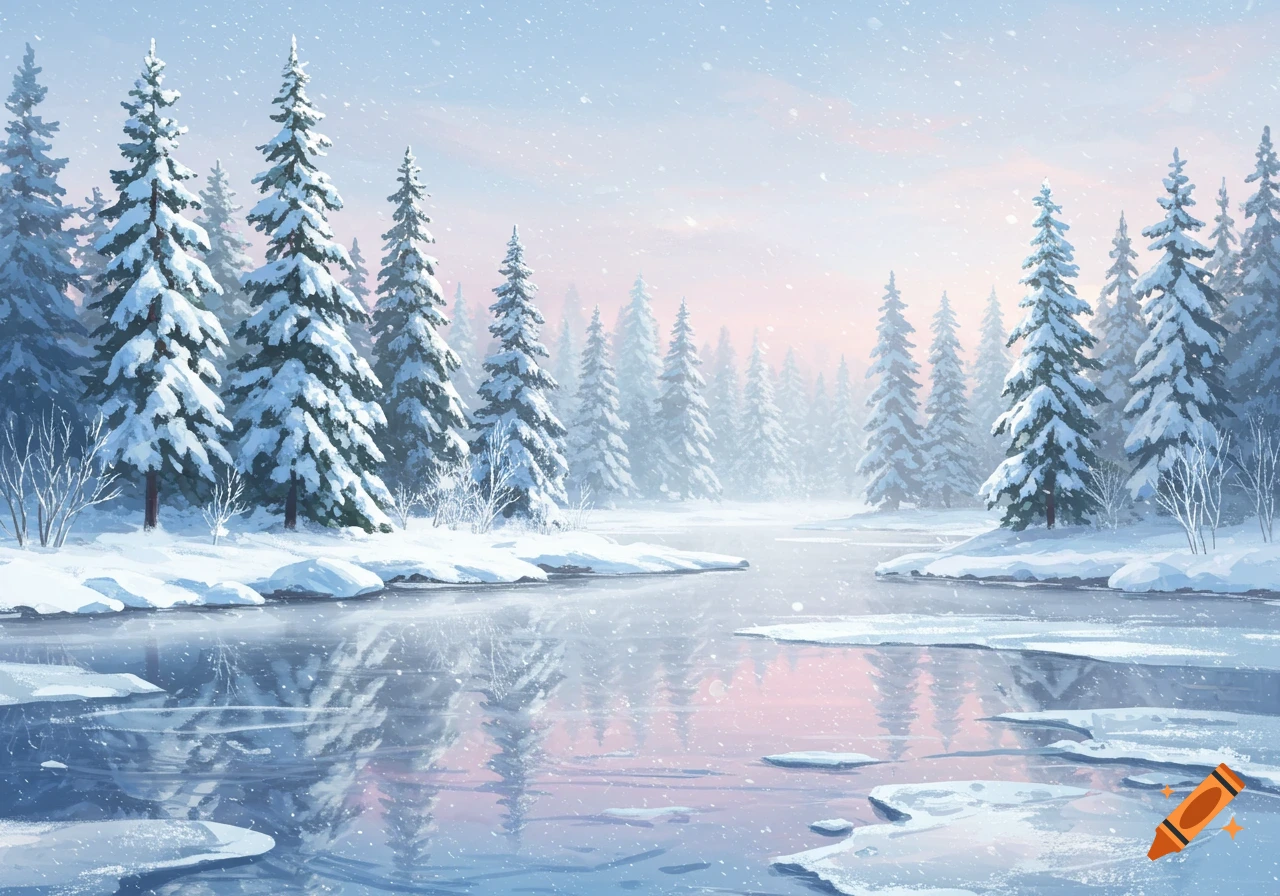 A serene winter landscape with snow-covered pine trees lining a partially frozen river under a soft, snowy sky.