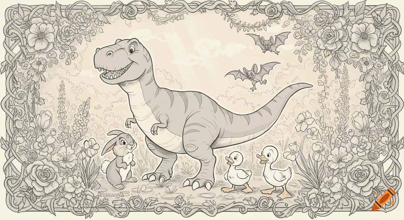 A whimsical black-and-grey cartoon of a T-Rex with a bunny and two ducklings, with two bats flying above, all in a floral bordered garden.