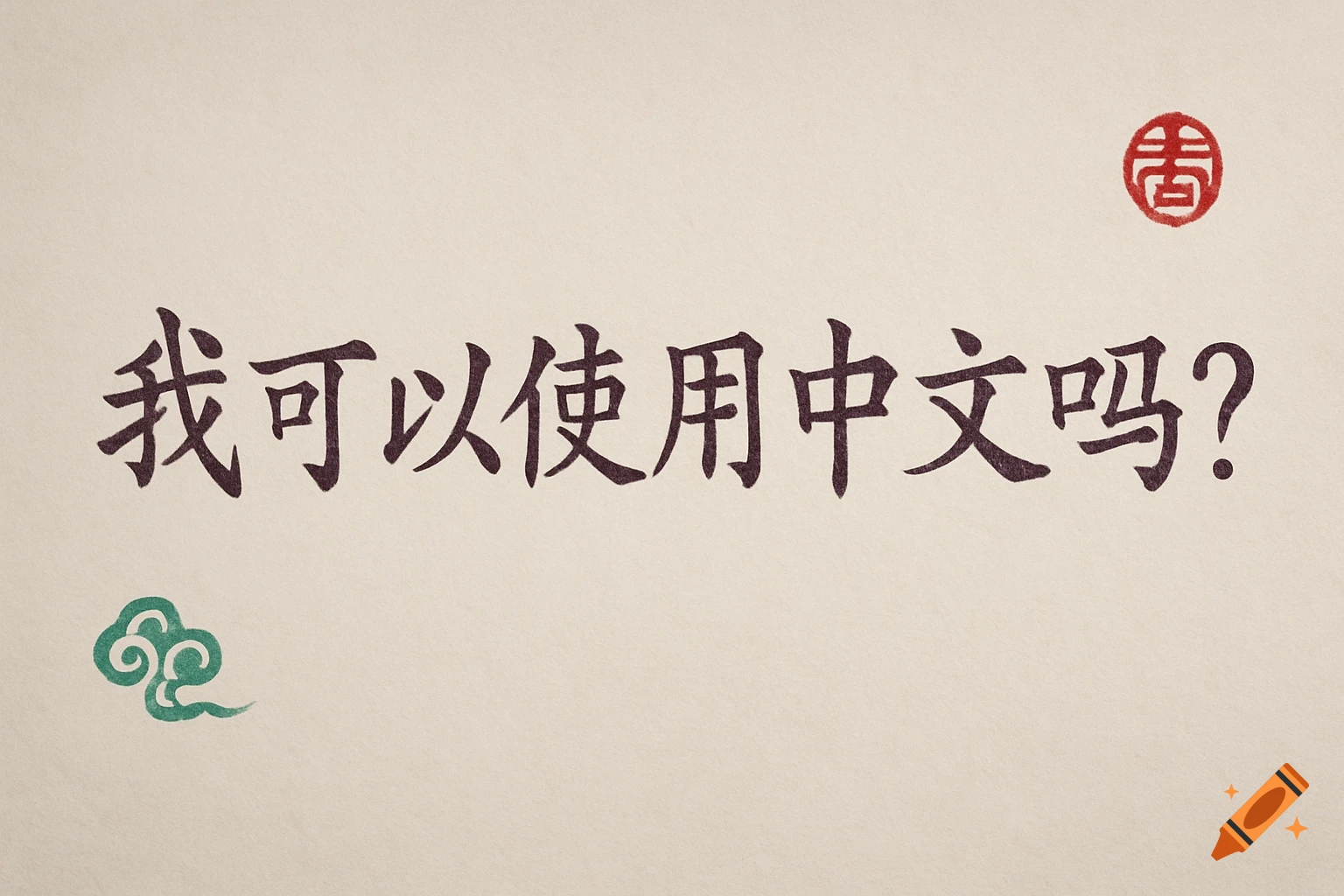 Chinese characters 'Can I use Chinese language?' in ink brush style on beige paper with a red seal and green cloud.