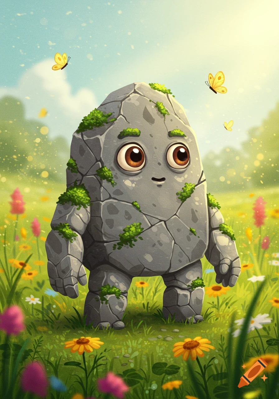 A cute cartoon rock creature with large eyes and moss growing on it stands in a sunny, vibrant field with colorful flowers and butterflies.