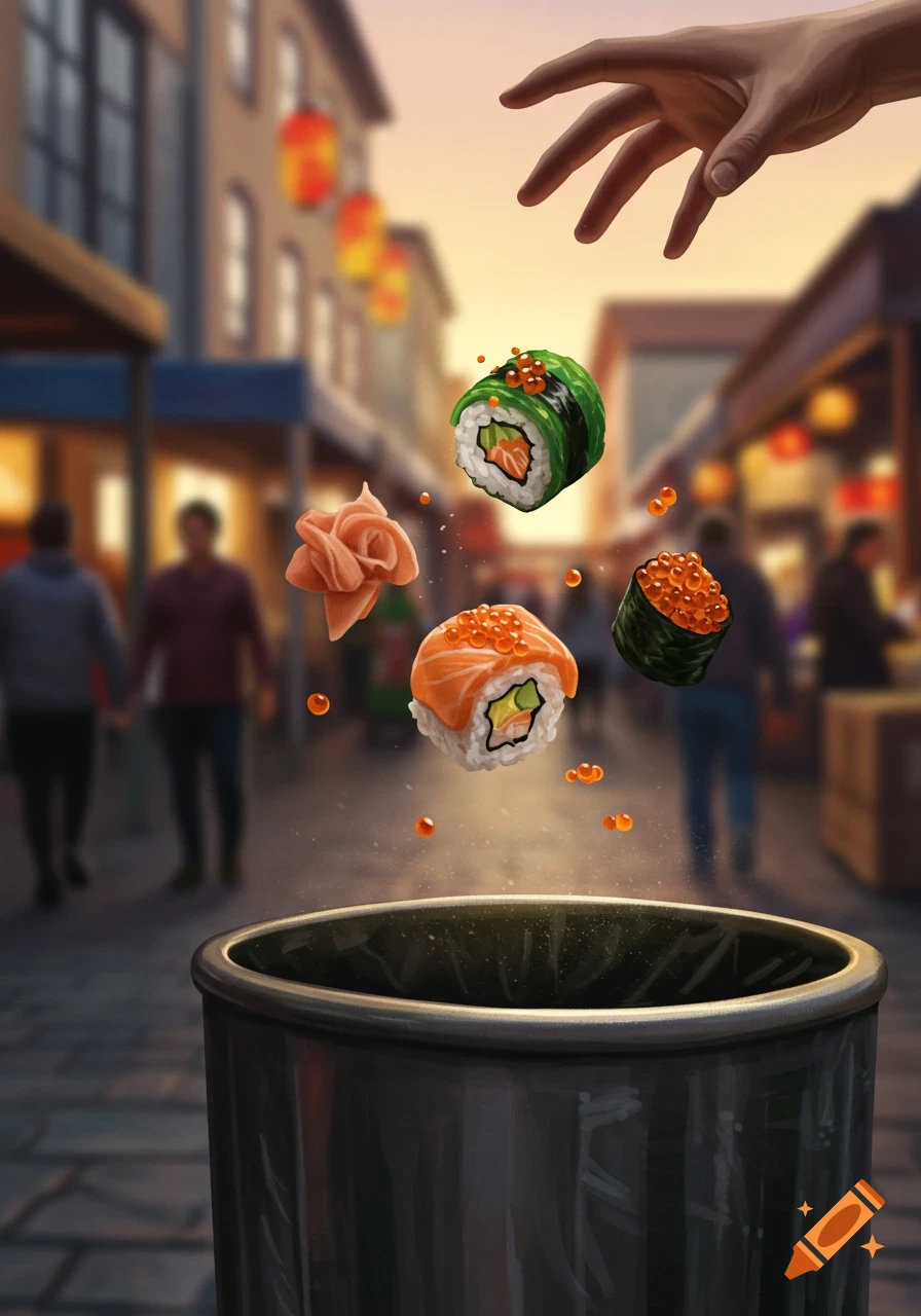 A hand throws sushi into a trash can on a blurred street with buildings, a digital illustration.