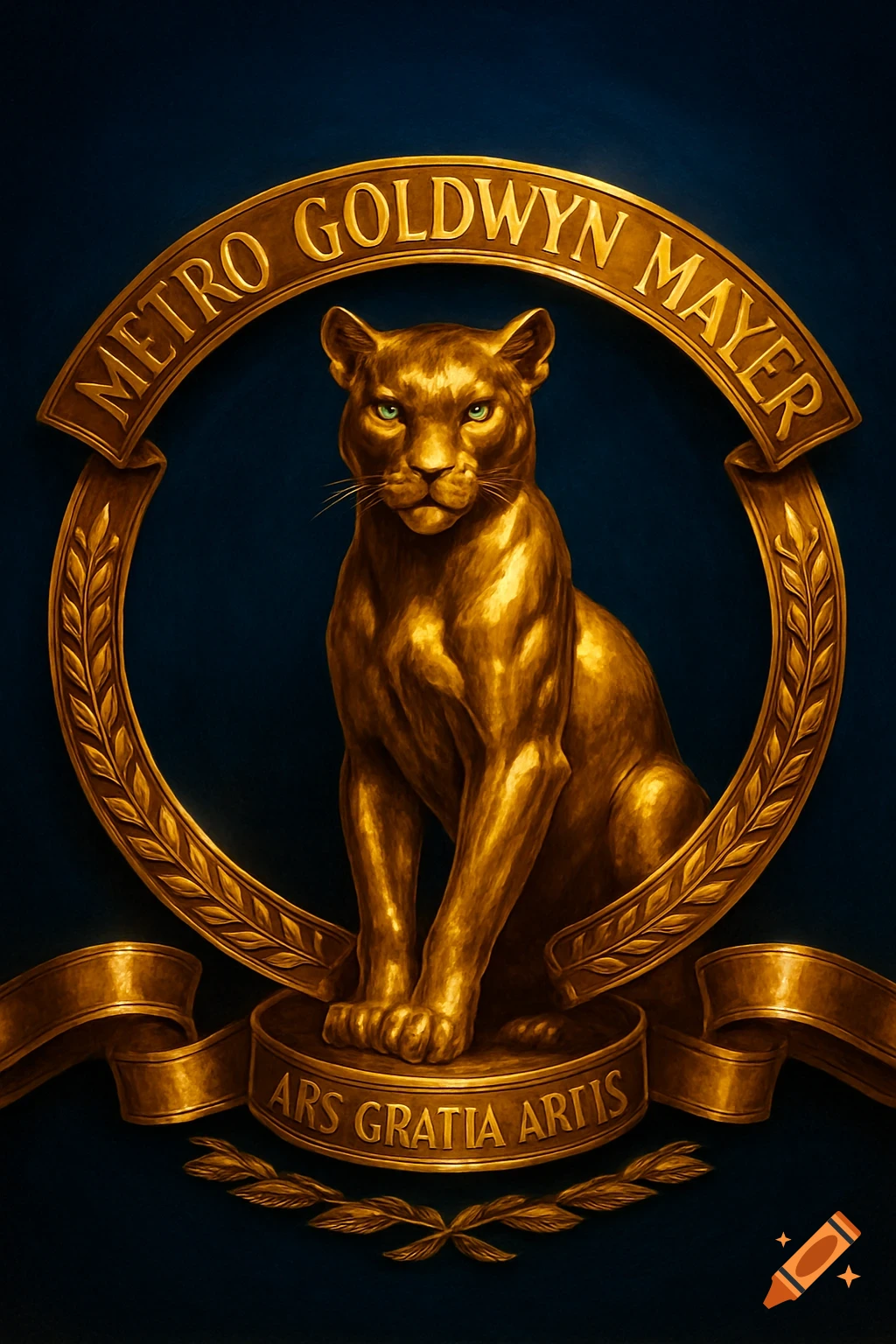 A detailed golden logo featuring a panther sitting within a circular frame with ribbons and the text 'METRO GOLDWYN MAYER' and 'ARS GRATIA ARTIS'.