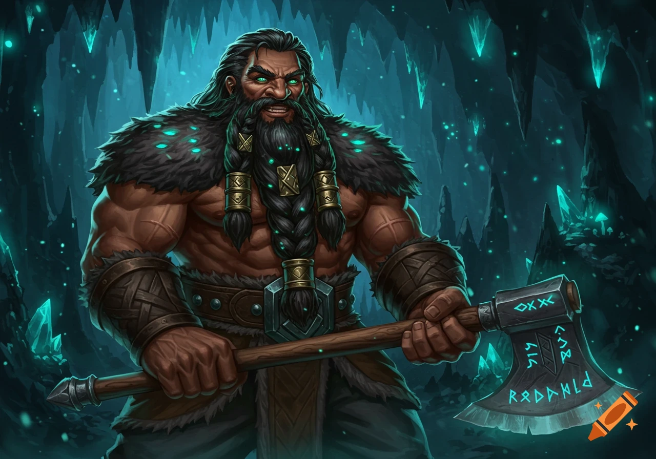 A muscular fantasy dwarf with a long braided beard, green glowing eyes, and fur clothing, holding a battle axe in a glowing ice cave.