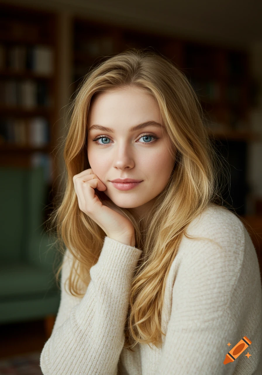 A young woman with blonde hair and blue eyes gazes at the camera, resting her chin on her hand, in a soft light.