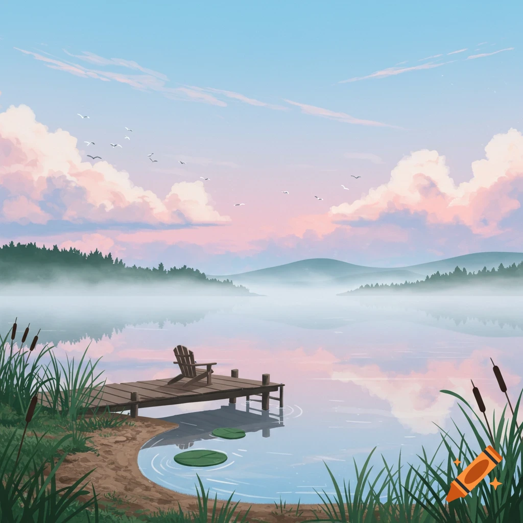 Calm lake with a wooden dock and chair, surrounded by reeds, misty mountains, and pastel pink and blue sky.