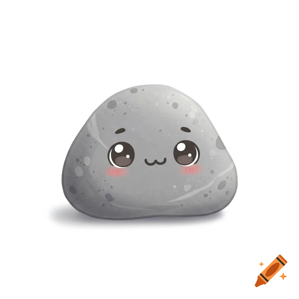 A smooth gray cartoon rock with a cute face, large eyes, small mouth, and pink blush, on a white background.