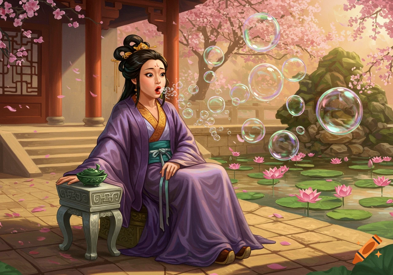 A woman in purple traditional Chinese attire blowing bubbles next to a pond with lotus flowers under cherry blossoms.