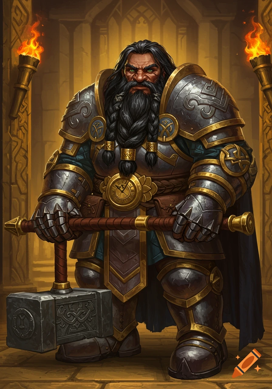 A formidable dwarf warrior with a long braided beard, wearing ornate armor and holding a large warhammer in a torchlit stone hall.