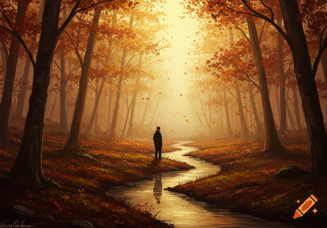 A solitary figure stands by a winding stream in a vibrant autumn forest, looking towards a bright, misty light.
