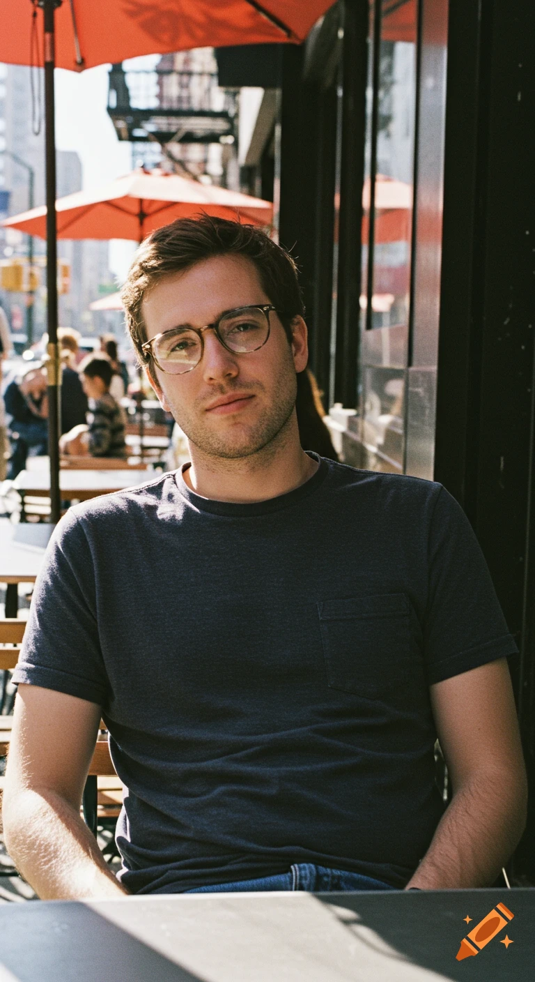 A man in glasses sits at an outdoor cafe table in a city.