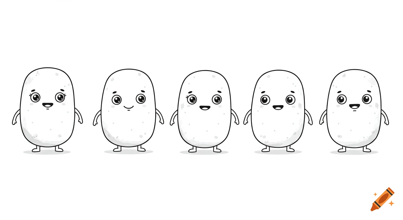 Five black and white line art cartoon potatoes standing in a horizontal row on a white background.