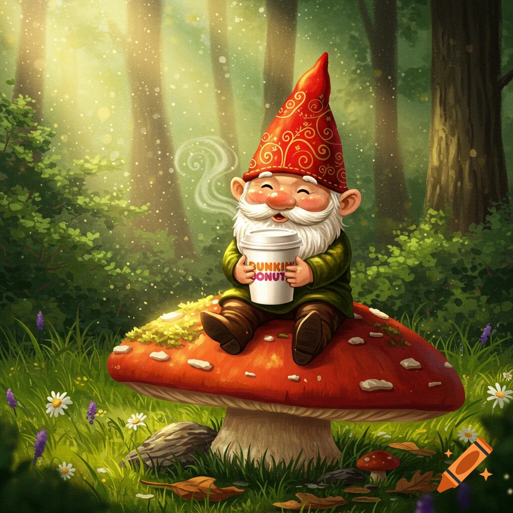 A cute gnome with a red hat and white beard sits on a giant red mushroom in a sunlit forest, holding a coffee cup.