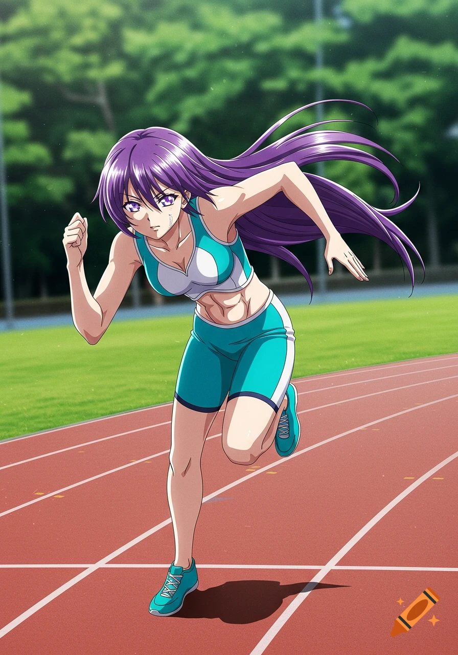 An anime girl with long purple hair and purple eyes runs on a red track, wearing a teal and white sports bra and shorts.