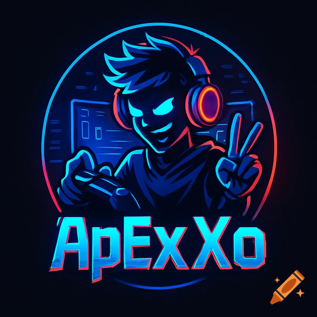 Neon blue and red animated logo of a gamer with headphones and a controller, text 'ApExXo' below.