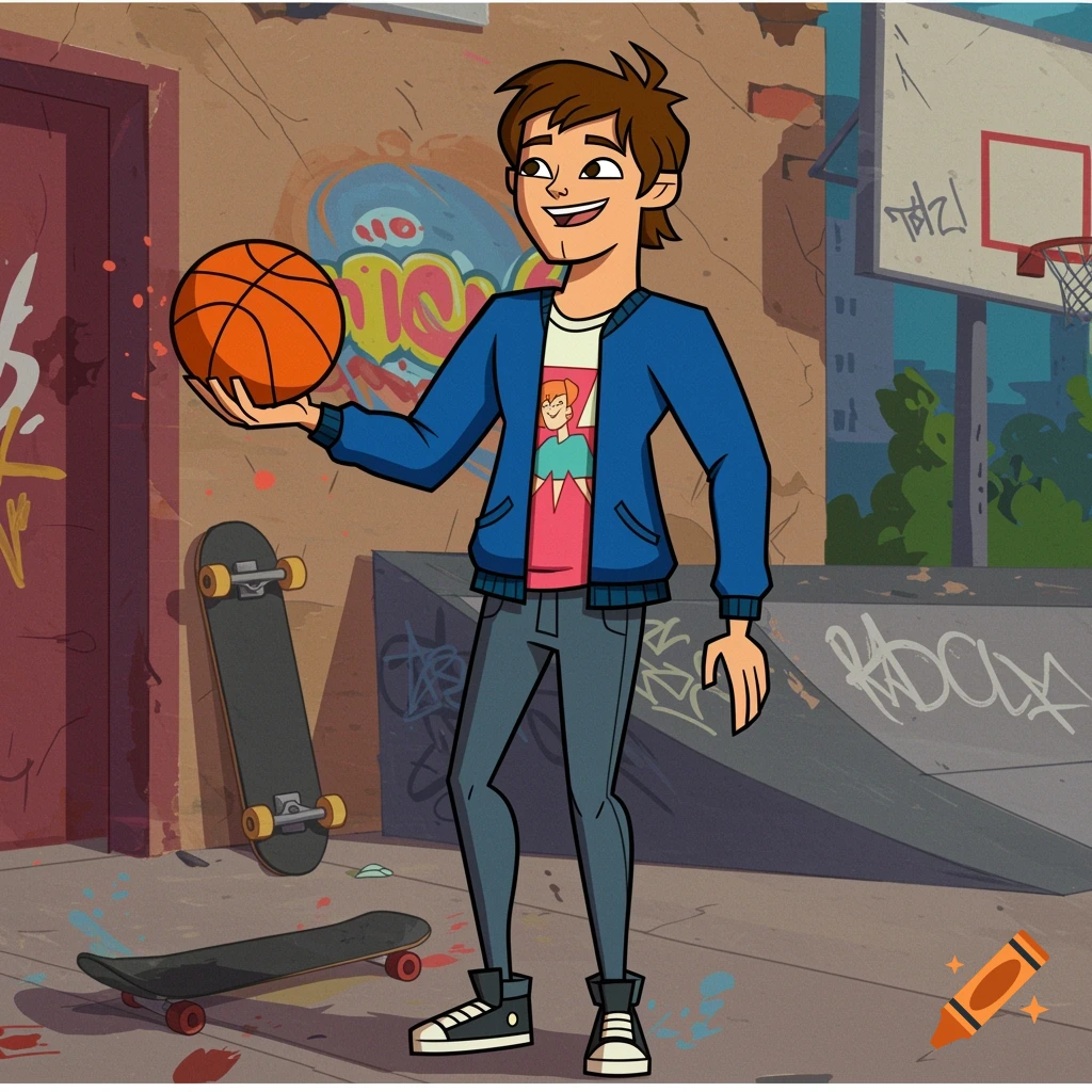 Cartoon male character in a blue jacket holding a basketball in an urban skate park setting with graffiti.