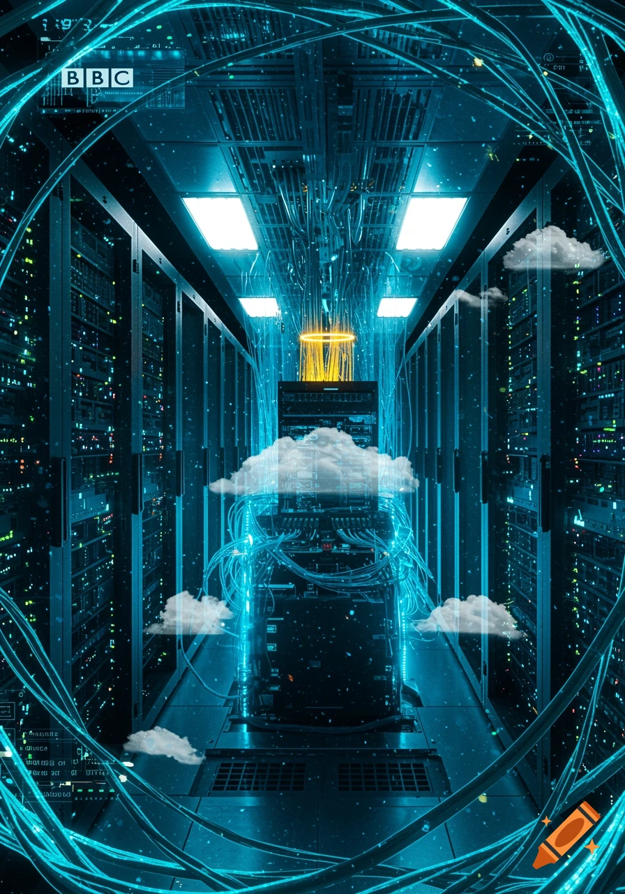 Futuristic data center with glowing blue wires, server racks, floating clouds, and a golden halo above a central server.