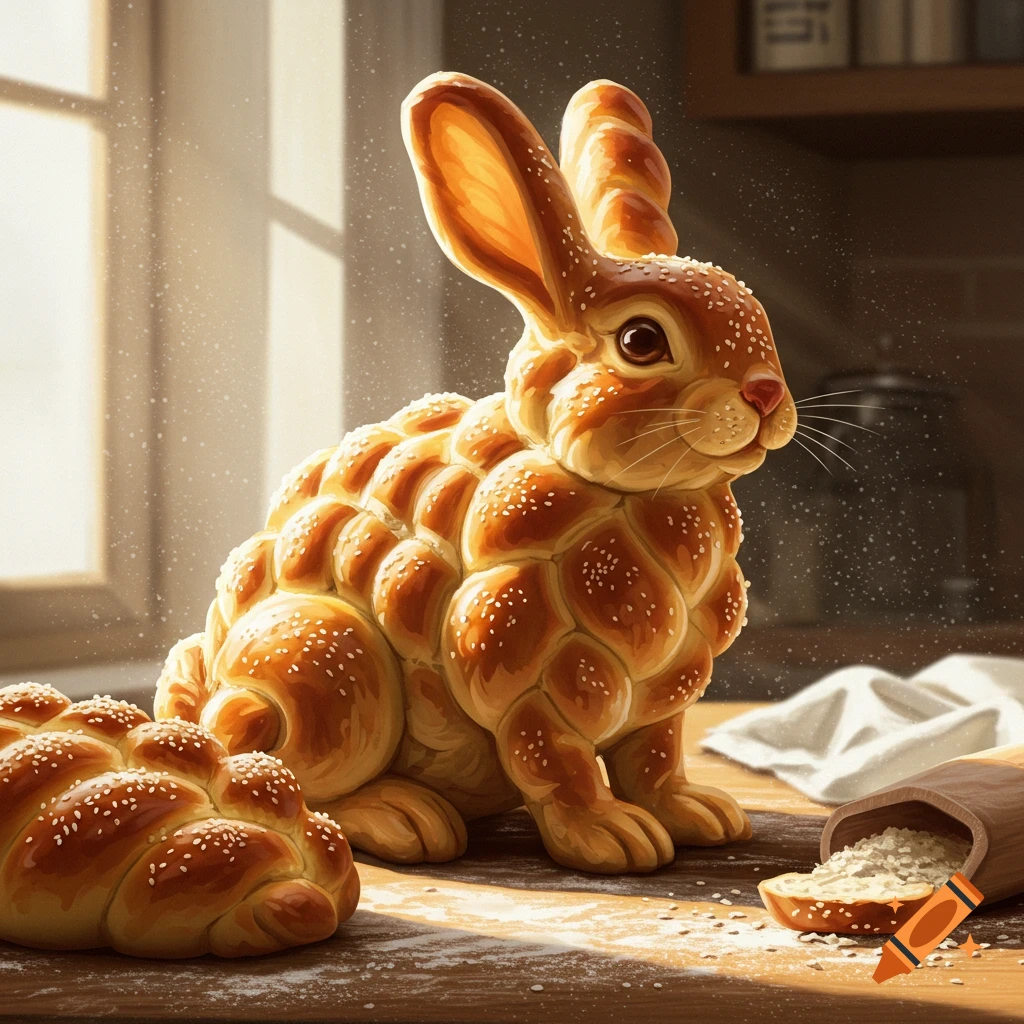 A photorealistic challah bread rabbit sits on a wooden table with flour, next to a challah loaf and spilled flour, bathed in sunlight.