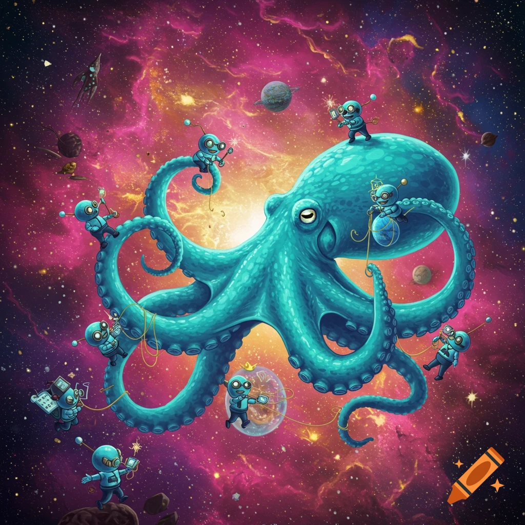 A large teal octopus floats in a vibrant pink and orange cosmic nebula, surrounded by small goggle-wearing robot minions interacting with planets and stars.