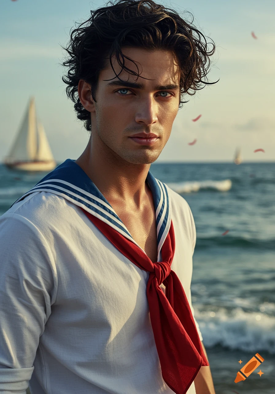 A handsome young man with wavy dark hair and blue eyes wears a white sailor shirt with a red sash, standing by the ocean with a sailboat in the background. Photorealistic style.