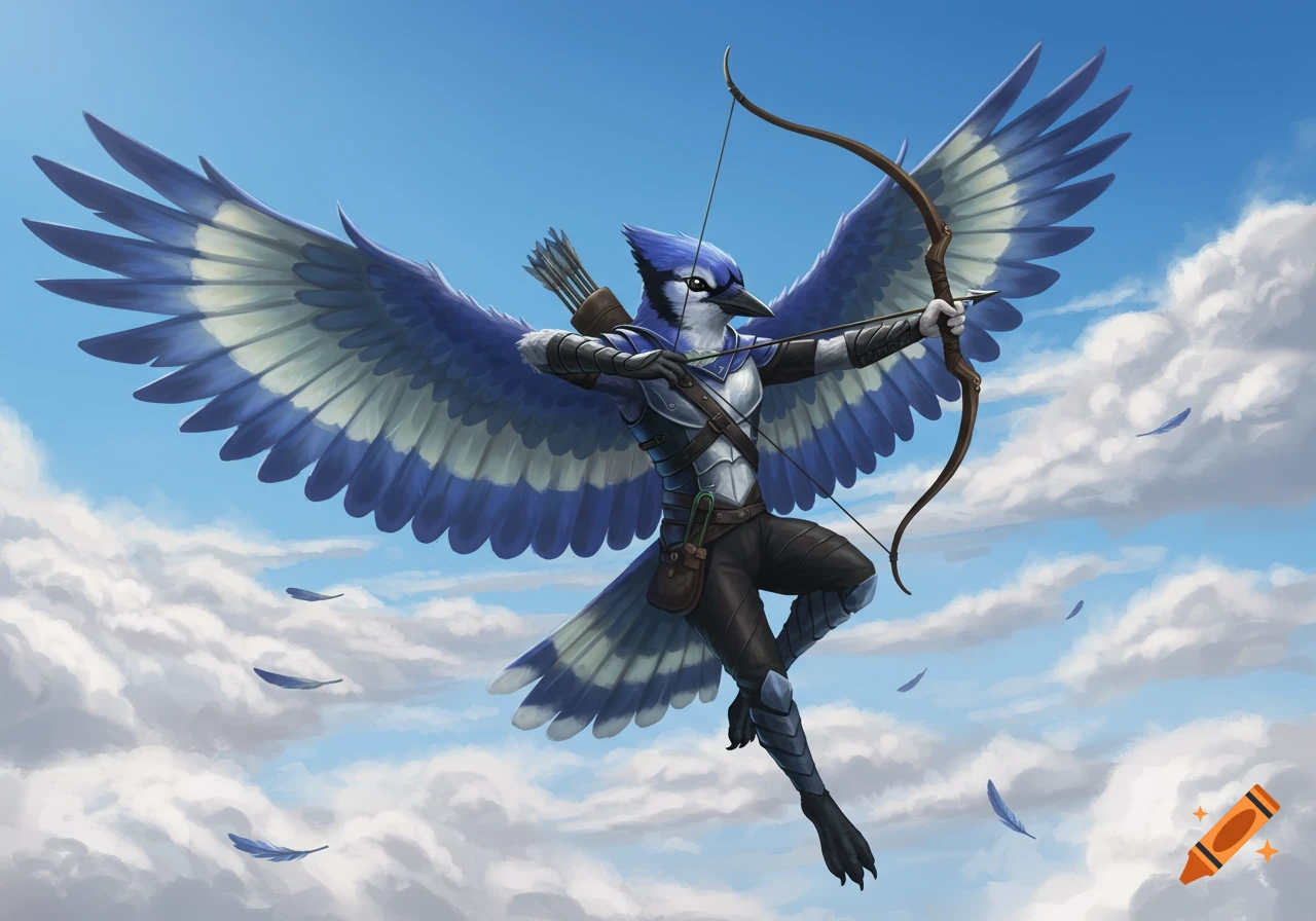 A humanoid blue jay archer in light armor flies across a blue sky with white clouds, aiming a bow and arrow.