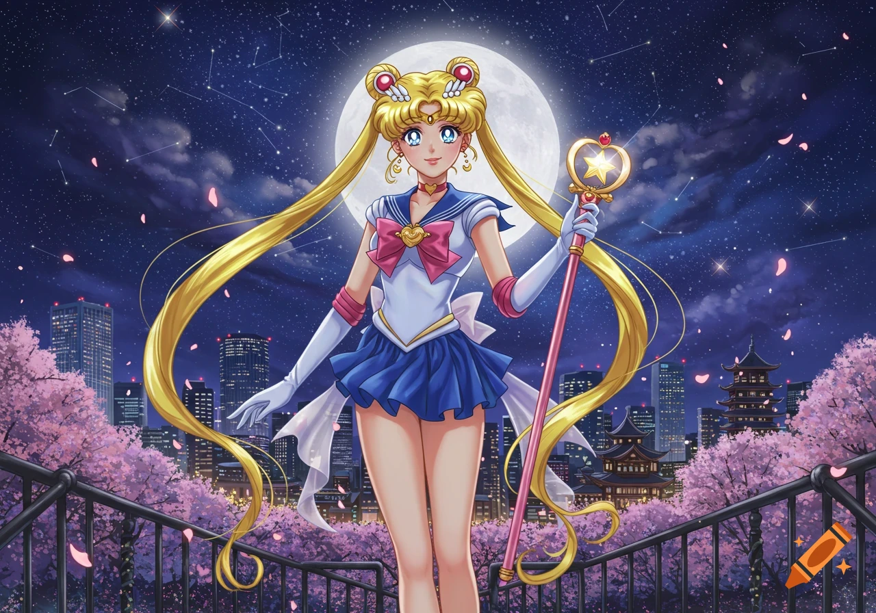 Sailor Moon stands under a full moon in a starry night sky above a cityscape with cherry blossom trees.
