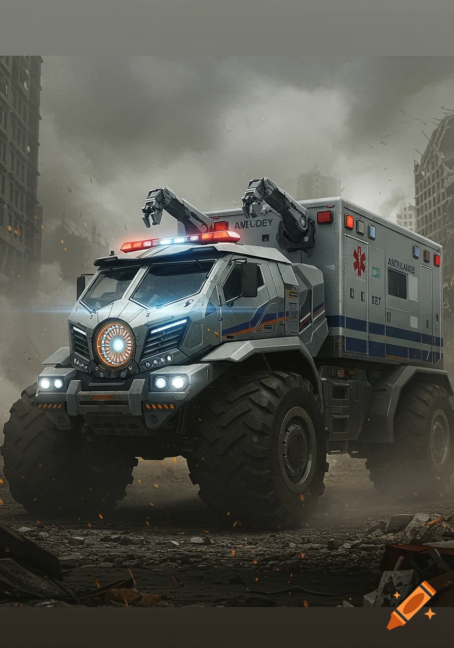 A futuristic, heavily armored ambulance with large tires and emergency lights drives through a ruined city, under a cloudy sky.