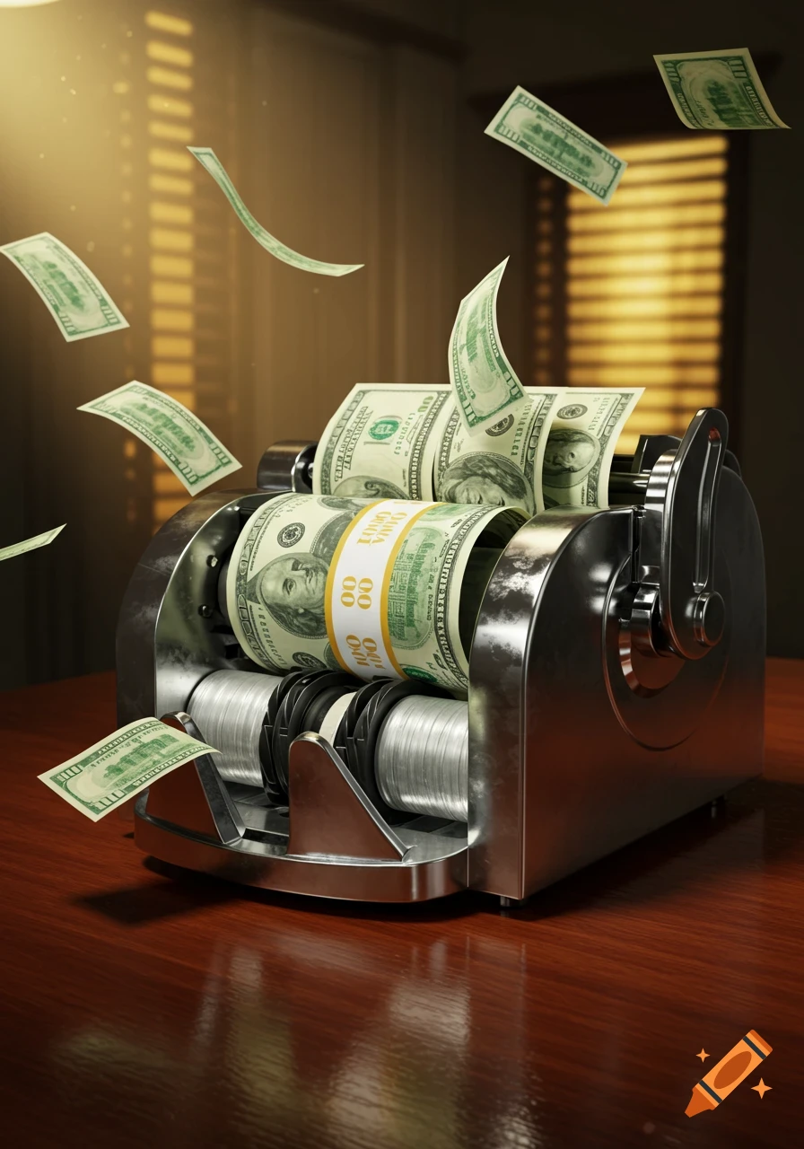 A close-up, photorealistic image of a chrome money counter on a wooden desk, with stacks of cash and hundred-dollar bills flying through the air.