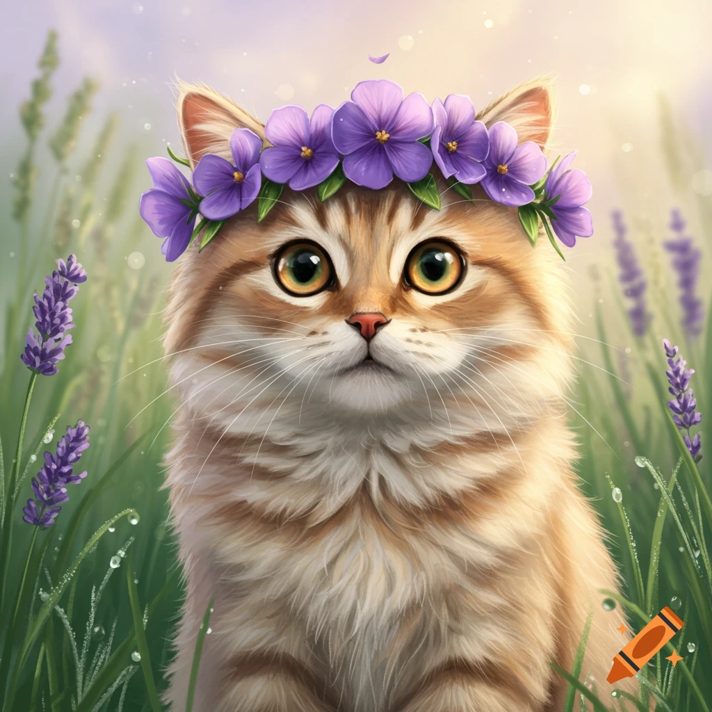 A cute, fluffy orange cat with large eyes wears a purple flower crown in a lavender field, rendered in a whimsical style.