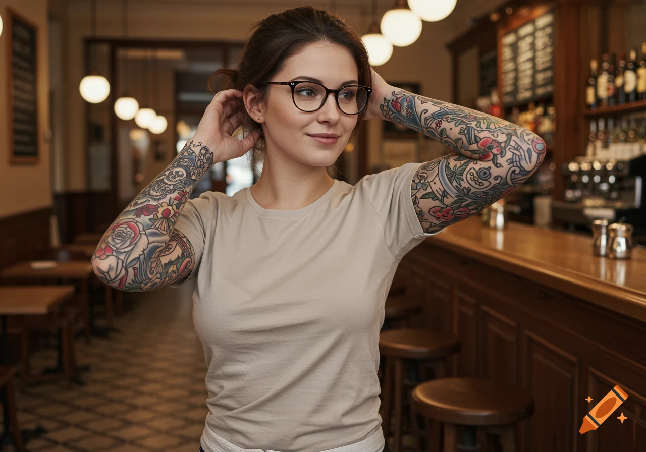 A woman with glasses and full arm tattoos stands in a cafe, hands behind her head, smiling slightly.